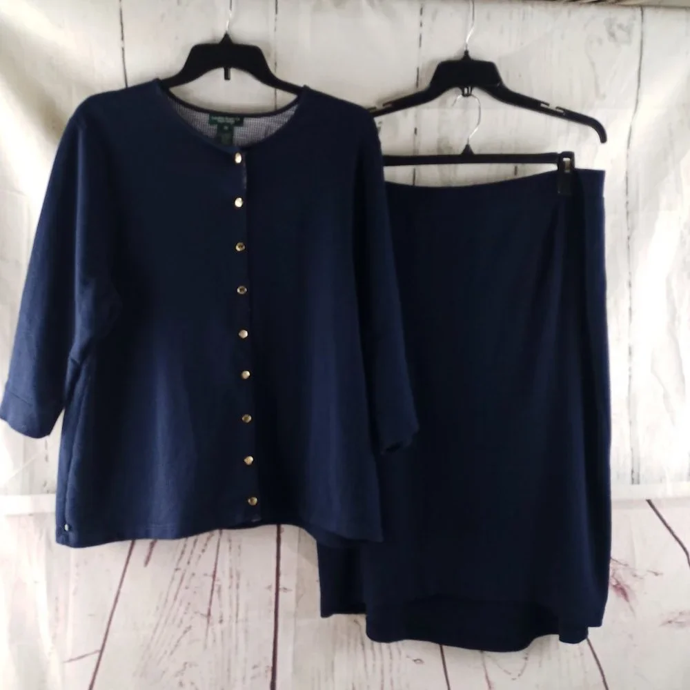 Lauren Jeans Co Ralph Lauren Women Sz 3X Blue Cotton 2pc Blouse/Skirt Outfit Set